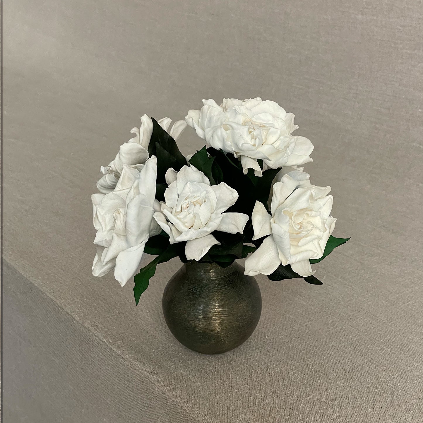 Minimalist preserved floral arrangement with gardenia blooms, perfect for a bedside table or bookshelf accent.