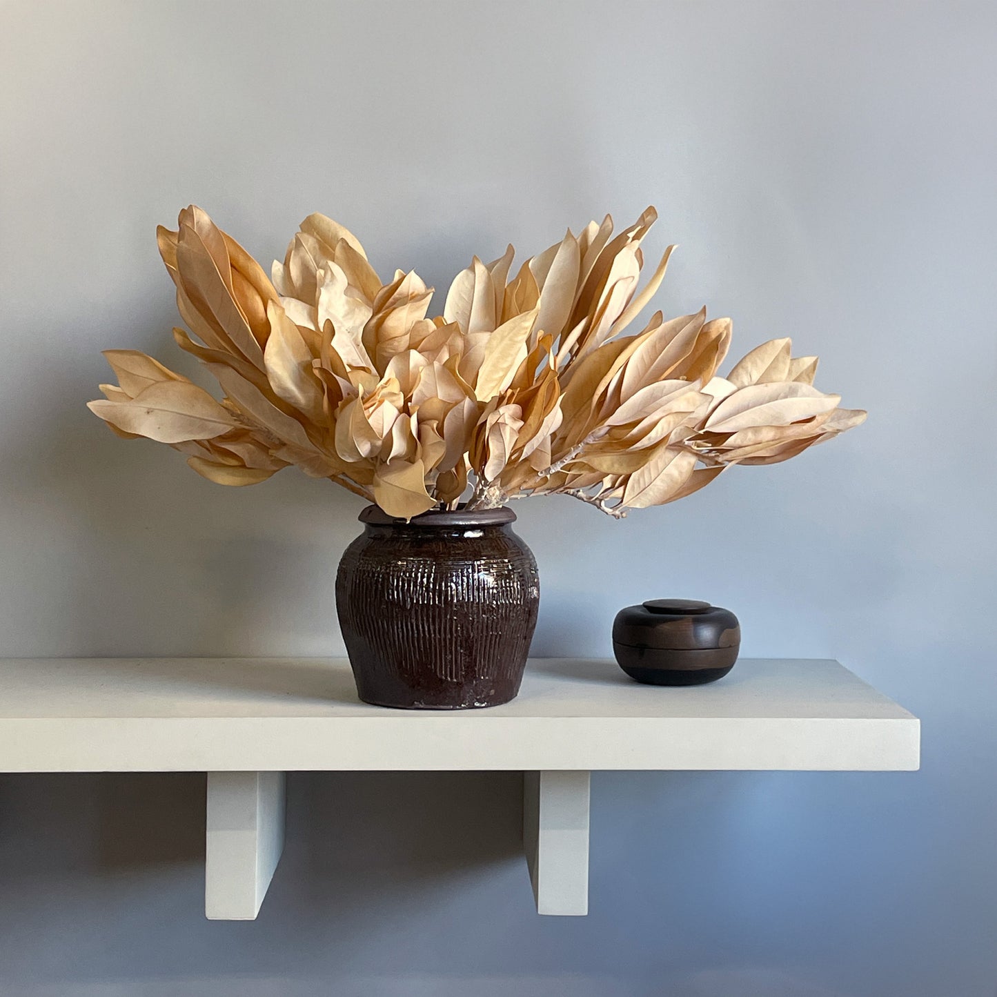 A preserved arrangement of golden magnolia leaves in a rustic brown ceramic glazed jar, highlighting the warm, rich tones of the magnolia. Display with Japanese wood bowl.