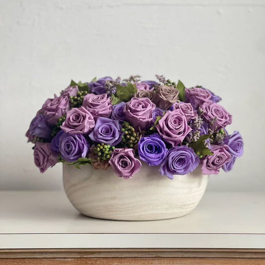 Amethyst Cloud – Preserved lavender and violet roses in a soft whitewashed vessel