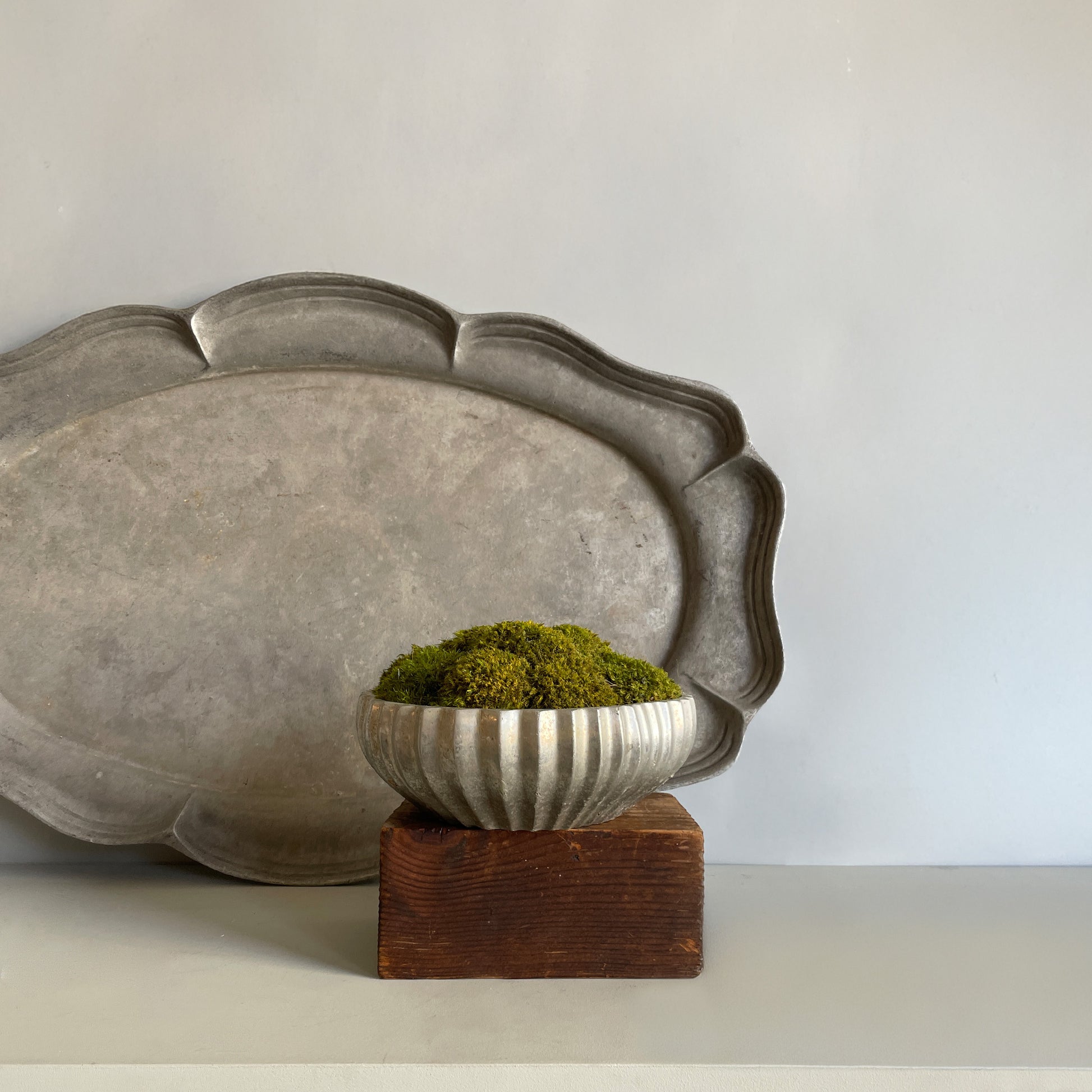 Small Deco Moss Bowl crafted from aged aluminum, topped with vibrant moss.