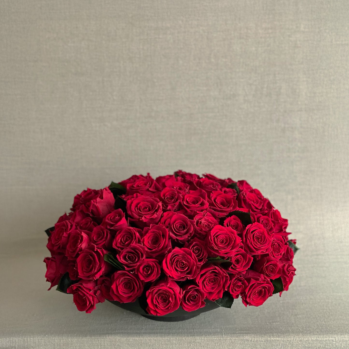 Luxurious red preserved roses elegantly arranged in a sleek black bowl for Valentine’s Day.
