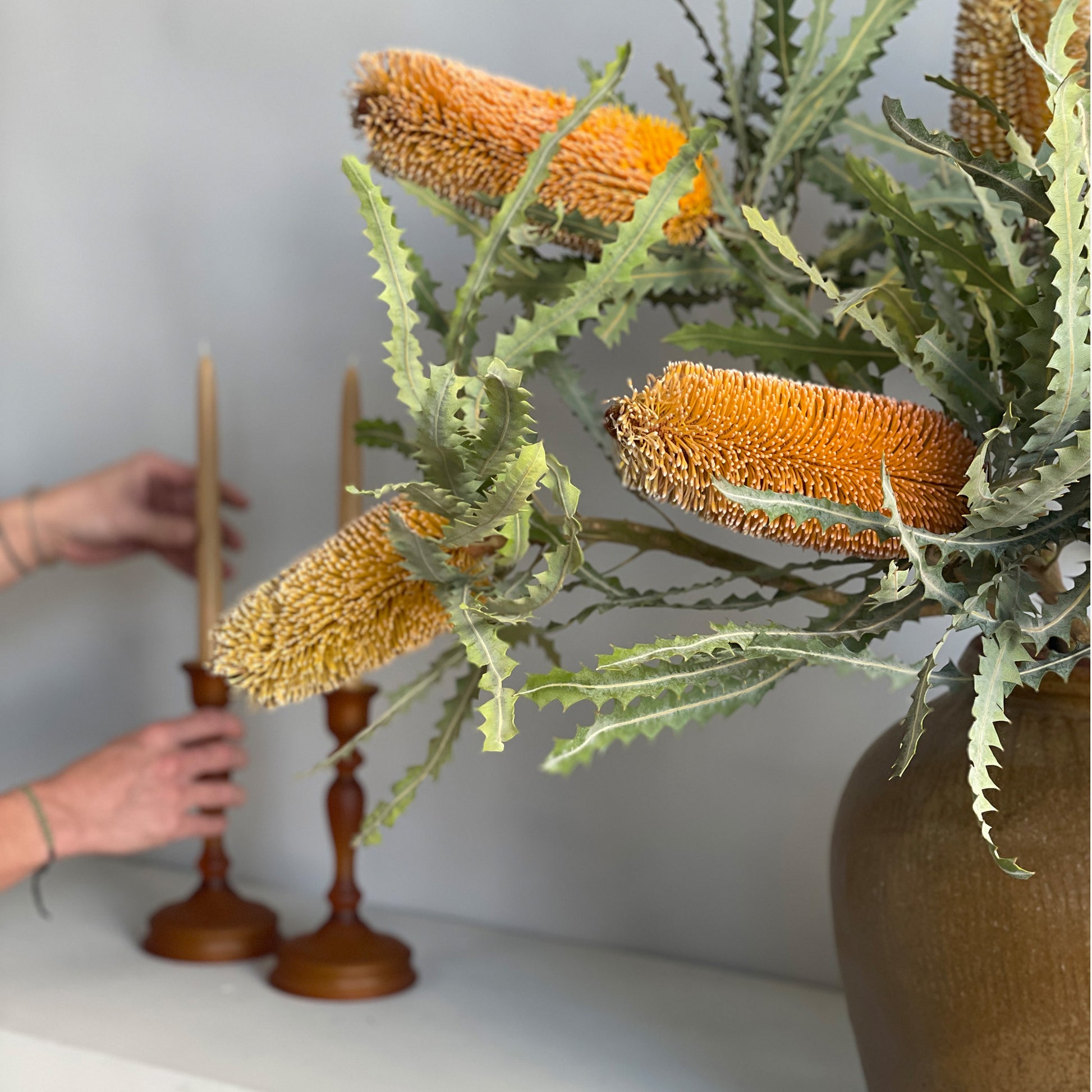 Close-up view of the Banksia arrangement in the ceramic ginger jar, highlighting the textured foliage and golden blooms.