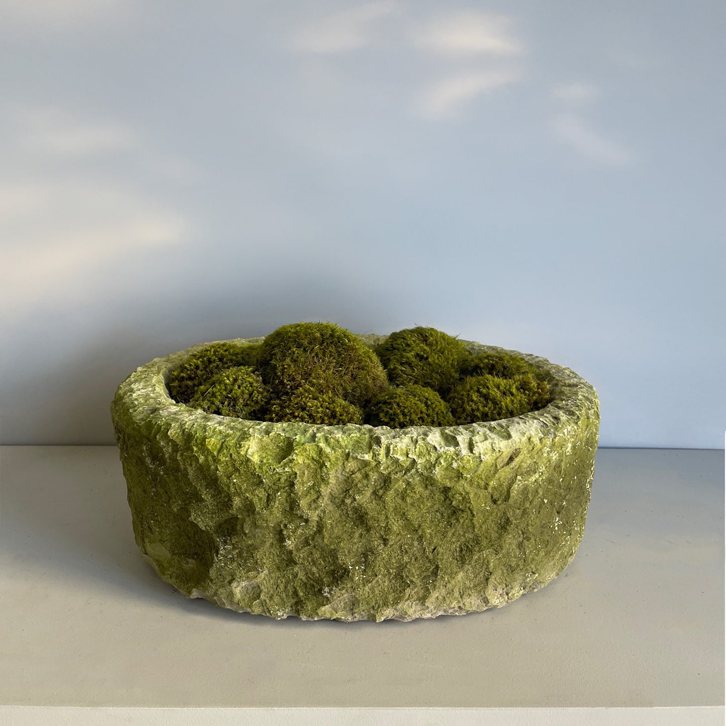  Large Moss Stone , hand-chiseled limestone with aged patina and pillow moss.