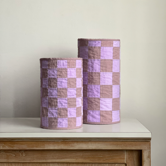 Two quilt vases in Lavender Lilac Patchwork, handcrafted from reclaimed textiles by Los Angeles Floral Company.